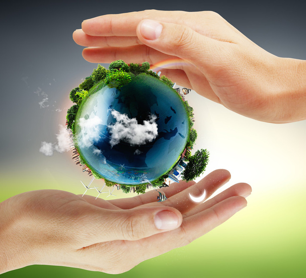 Globe in menselijke hand, hand met onze planeet aarde gloeien. Oor - Foto, afbeelding