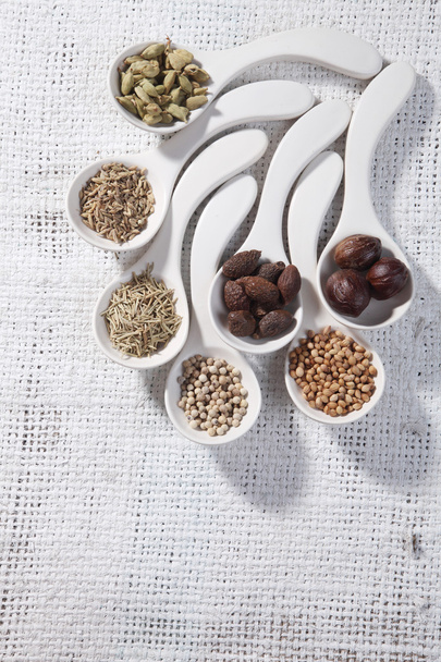 Dry spices in spoons - Foto, Bild
