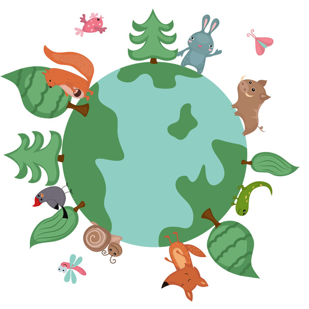 Globe with wild animals and plants - Vector, imagen