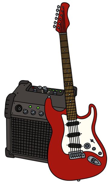 Red electric guitar and the combo - Vector, Image