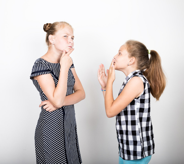 Two cute little girlfriend expressing different emotions. Funny kids. Best friends pamper and posing - 写真・画像