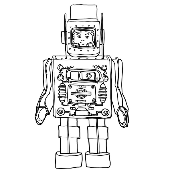 Vintage teneke ve plastik oyuncak Robot elle çizilmiş sevimli çizgi sanat illust - Fotoğraf, Görsel