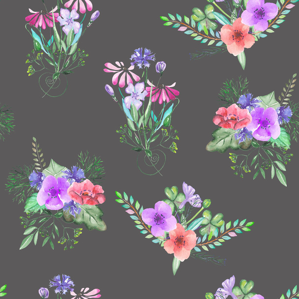 Naadloze patroon met de eenvoudige, aquarel, bloemen boeketten op een donkere achtergrond - Foto, afbeelding
