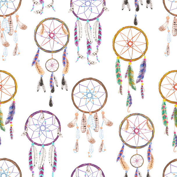 Seamless pattern with watercolor dreamcatchers, hand drawn on a white background - Photo, Image