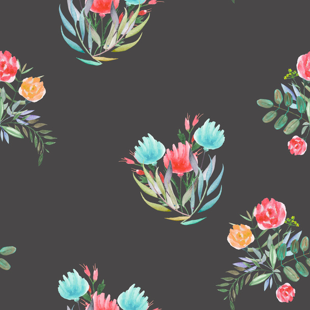 Seamless pattern with the simple watercolor floral bouquets on a dark background - Photo, Image