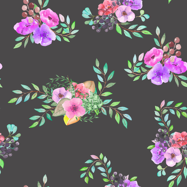Seamless pattern with the simple watercolor floral bouquets on a dark background - Photo, Image
