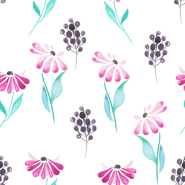 Seamless pattern with the simple watercolor pink flowers on a white background - Valokuva, kuva