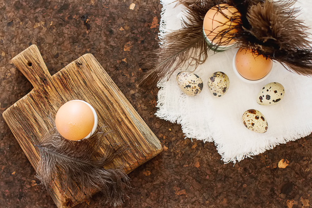 chicken and quail eggs. Easter breakfast - Photo, Image
