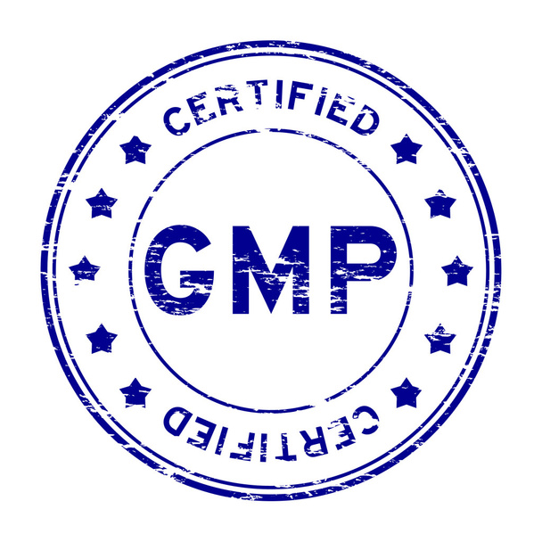 grunge blue gmp (gute Herstellungspraxis) und zertifizierter Gummistempel - Vektor, Bild