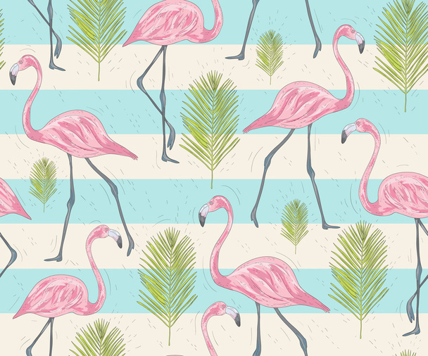 Cute seamless pattern with flamingos and palm. Vector background - Vector, Image