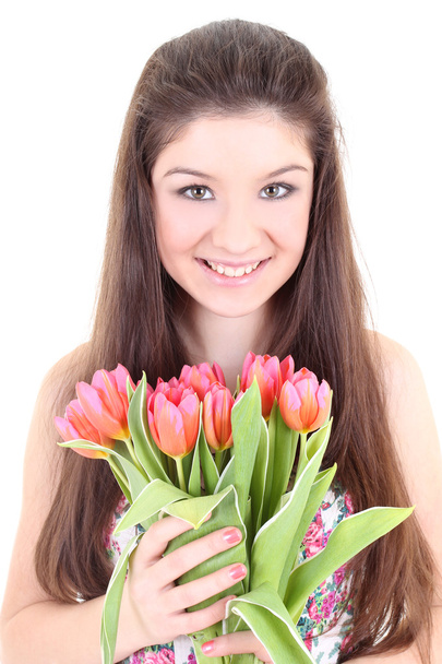 Happy girl with pink tulips - 写真・画像