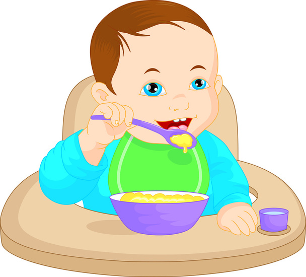 Baby boy eating baby food - Vector, Image