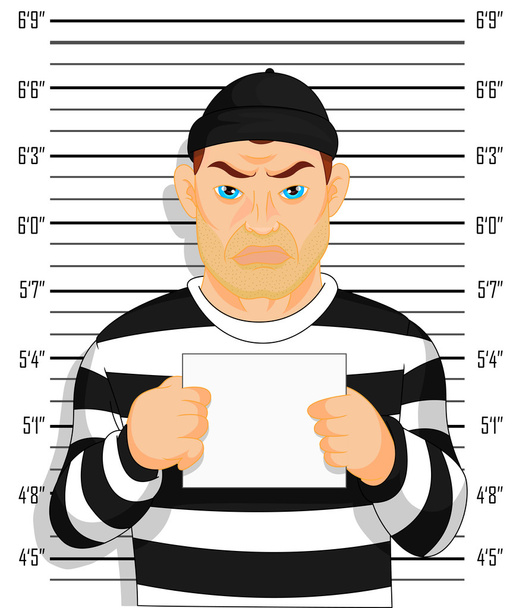 Criminal photo Caught criminal stands beside wall with number in hand - Vector, Image