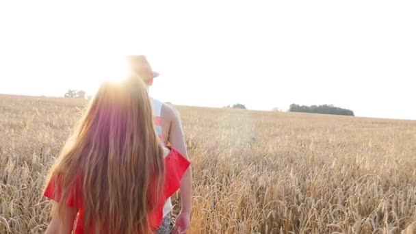 mutlu genç bir çift birlikte buğday alanı yürüyüş - Video, Çekim