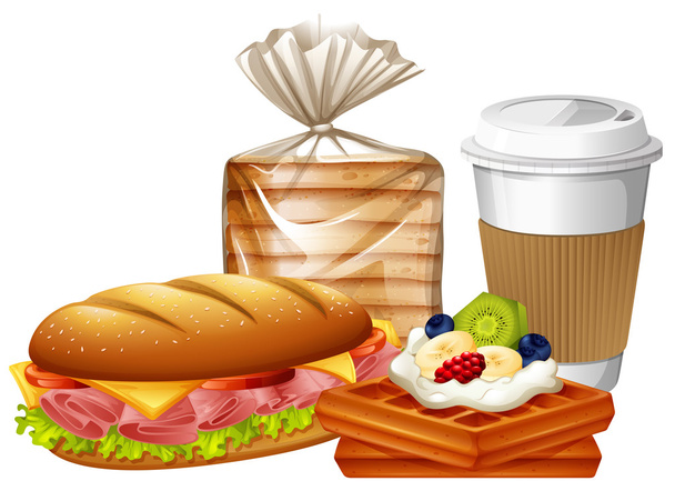 Breakfast set with waffles and bread - Vector, Image