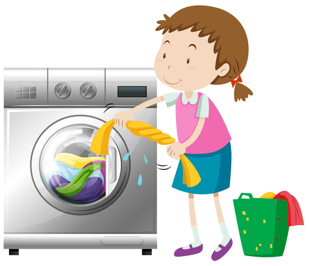 dívka dělat prádelna s pračkou - Vektor, obrázek