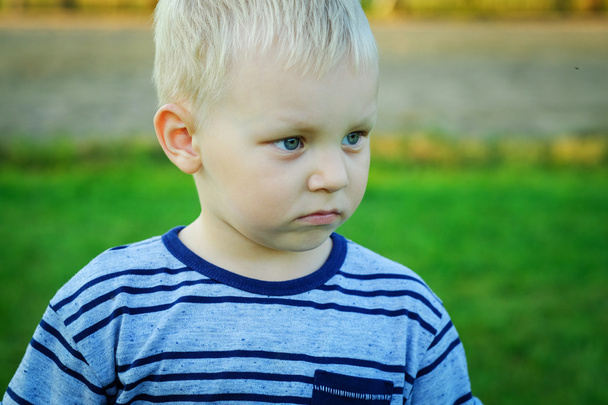 Portrait of little blond serious boy, summer outdoor - Photo, image