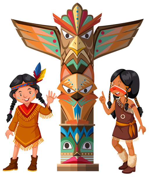 Dois índios vermelhos e totem pole - Vetor, Imagem