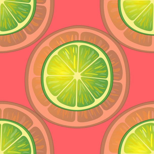Vector illustration of big lime slices in different angles on red. Pattern. - Vector, Image