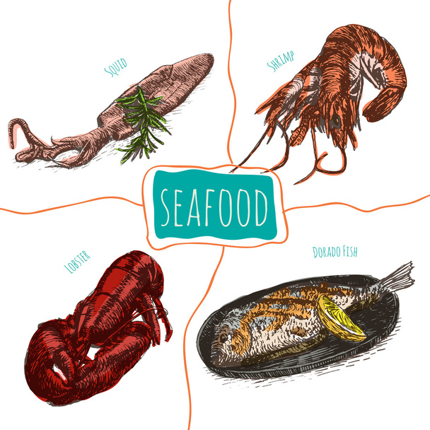 Vector illustration colorful set with seafood - Vektor, Bild