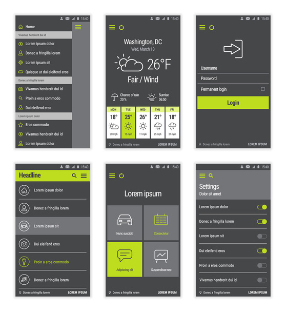 Set di pulsanti verdi del design dell'interfaccia utente mobile
. - Vettoriali, immagini
