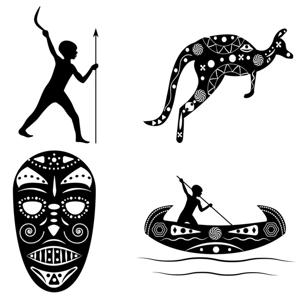 Černá - bílé siluety tradiční australský šaman masky, - Vektor, obrázek