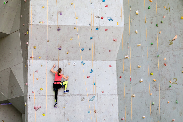 Beautiful young woman starts to climbing big artificial wall - Photo, Image