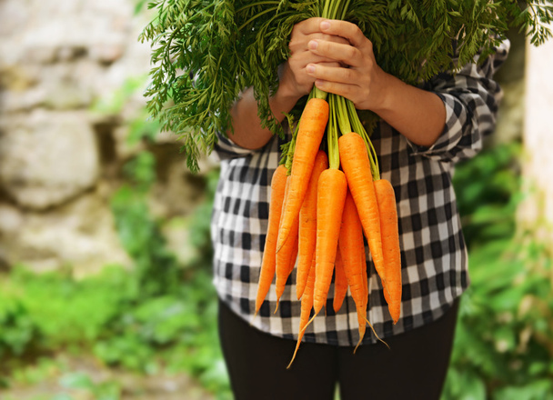 Woman holding fresh carrots - Fotoğraf, Görsel