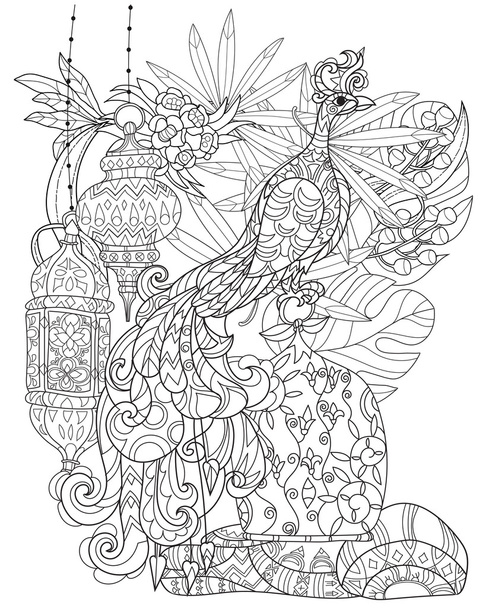 Zen art stylized peacock. Hand drawn doodle - Vector, Image