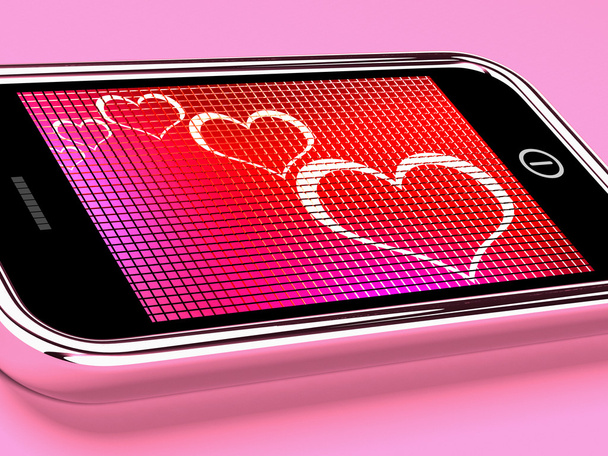 Hearts On Mobile Phone Screen Shows Online Dating - Fotoğraf, Görsel
