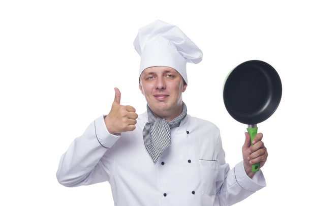 Chef with a frying pan on a white - 写真・画像