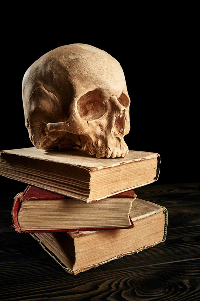 Cráneo en la pila de libros
 - Foto, imagen