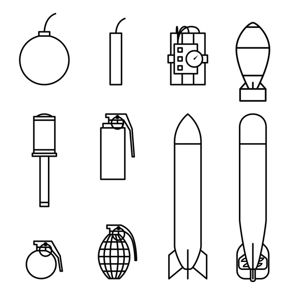 爆弾とミサイル アイコン アウトライン ストローク セット - ベクター画像