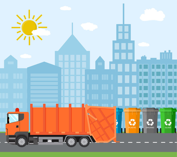 City waste recycling concept with garbage truck - Vector, Image