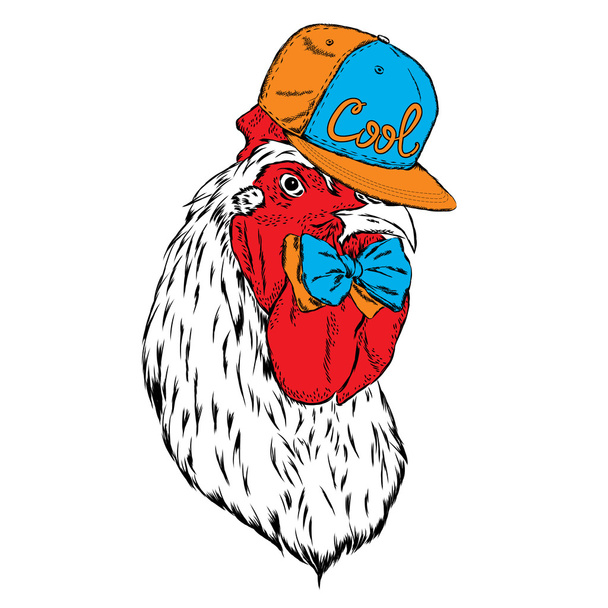 Beautiful cock in a cap and tie. Vector illustration for a poster, postcard, or print on clothes. Symbol of the year. - Vecteur, image