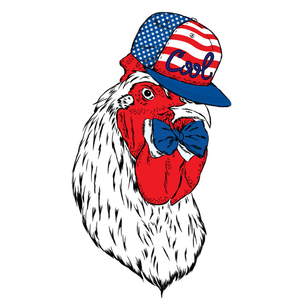 Beautiful cock in a cap and tie. Vector illustration for a poster, postcard, or print on clothes. Symbol of the year. - Vektör, Görsel