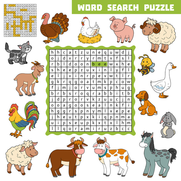 Vector color crossword about farm animals. Word search puzzle - Vector, Image