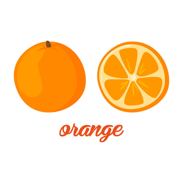 Orange fruits poster in cartoon style depicting whole and half of fresh juicy citruses isolated on white background including caption - Vector, Imagen