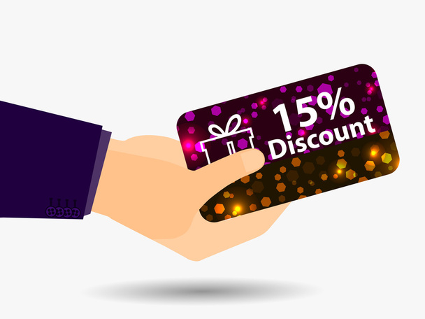 Coupon for a 15-percent discount in the hand. Gift card with bright sparks. Vector illustration. - Vektör, Görsel