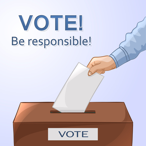 Concepto de votación: poner papel a mano en las urnas. Elecciones
 - Vector, Imagen
