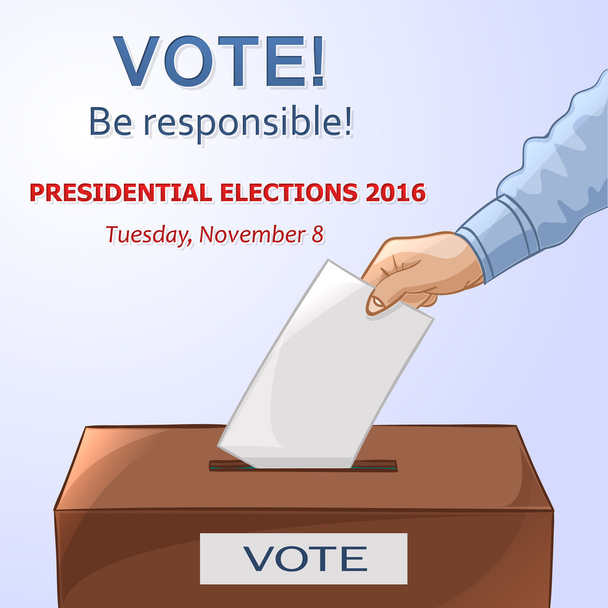 Concepto de votación: poner papel a mano en las urnas. Elecciones
 - Vector, Imagen