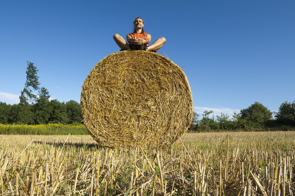 bir saman balya oturan adam - Fotoğraf, Görsel