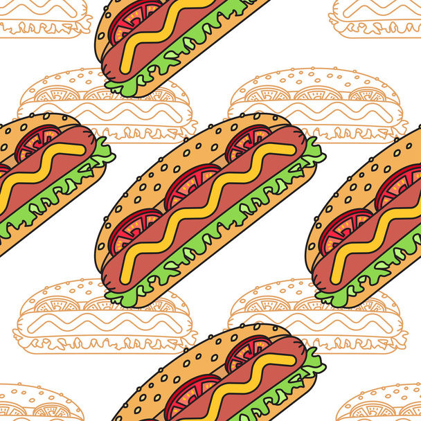 Hot dog seamless pattern. Flat and thin line design. Vector illustration. - Vettoriali, immagini