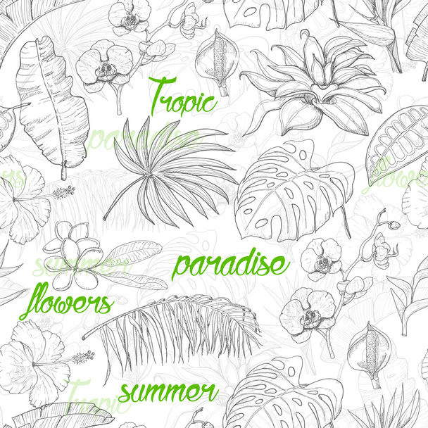 Seamless pattern with tropical plants and flowers - Вектор,изображение