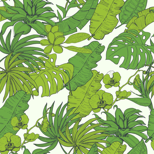 Seamless pattern with tropical plants and flowers - Vetor, Imagem