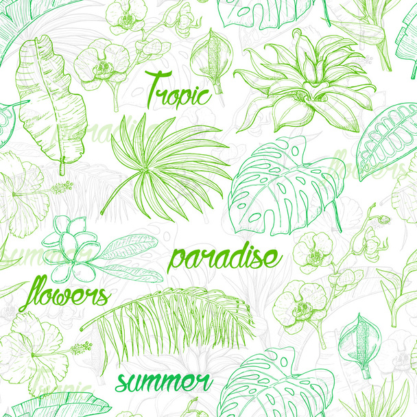 Seamless pattern with tropical plants and flowers - Wektor, obraz