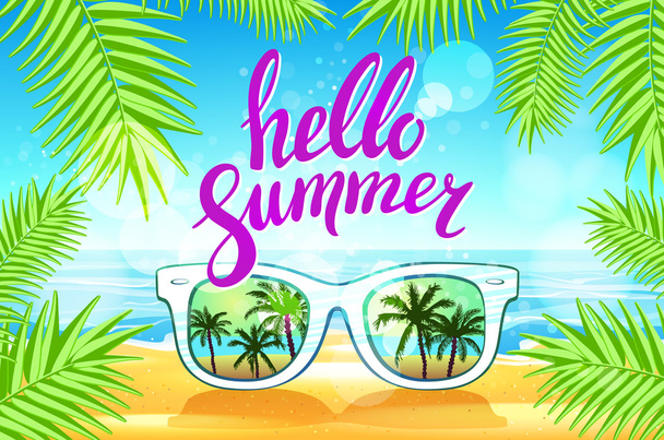 Белые солнцезащитные очки отражение заката на сцене пейзажа пальмы в светло-голубой студии, концепция летнего времени, Оставьте место для добавления контента или текстового вектора
 - Вектор,изображение