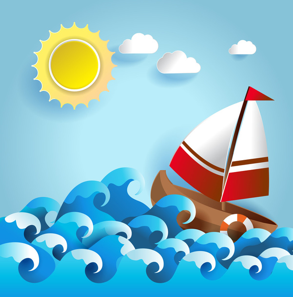 Summer background with sailboat sailing in the sea,paper cut style .vector illustration - Διάνυσμα, εικόνα