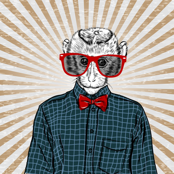 Macaque monkey hipster in a shirt , poster hand drawn illustration vector. - Vector, Image