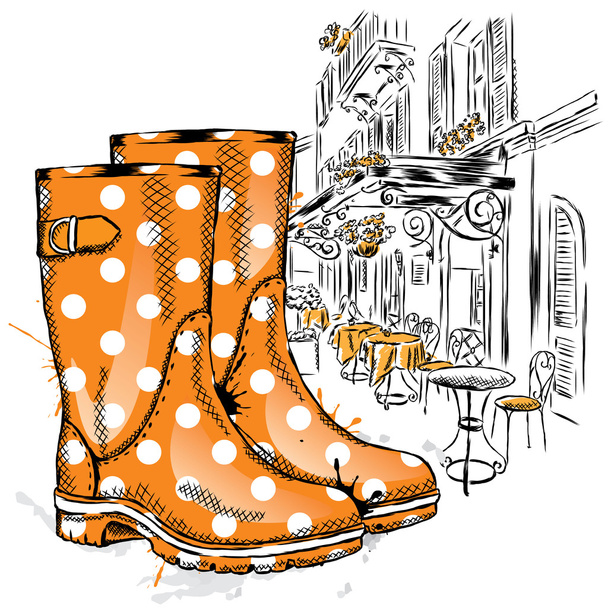 Rubber boots on a background of a city street. Vector illustration for greeting card, poster, or print on clothes. Fashion & Style. Vintage drawing. - Διάνυσμα, εικόνα